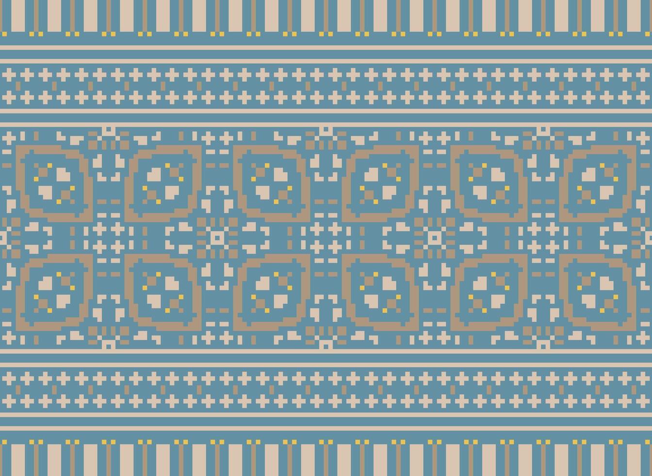 Pixel cross stitch traditional ethnic pattern paisley flower Ikat background abstract Aztec African Indonesian Indian seamless pattern for fabric print cloth dress carpet curtains and sarong vector