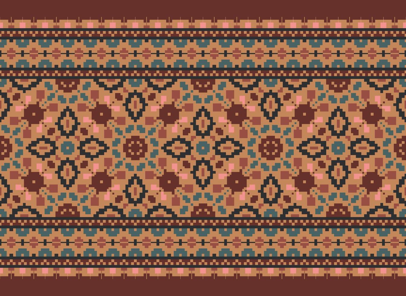 Pixel cross stitch traditional ethnic pattern paisley flower Ikat background abstract Aztec African Indonesian Indian seamless pattern for fabric print cloth dress carpet curtains and sarong vector