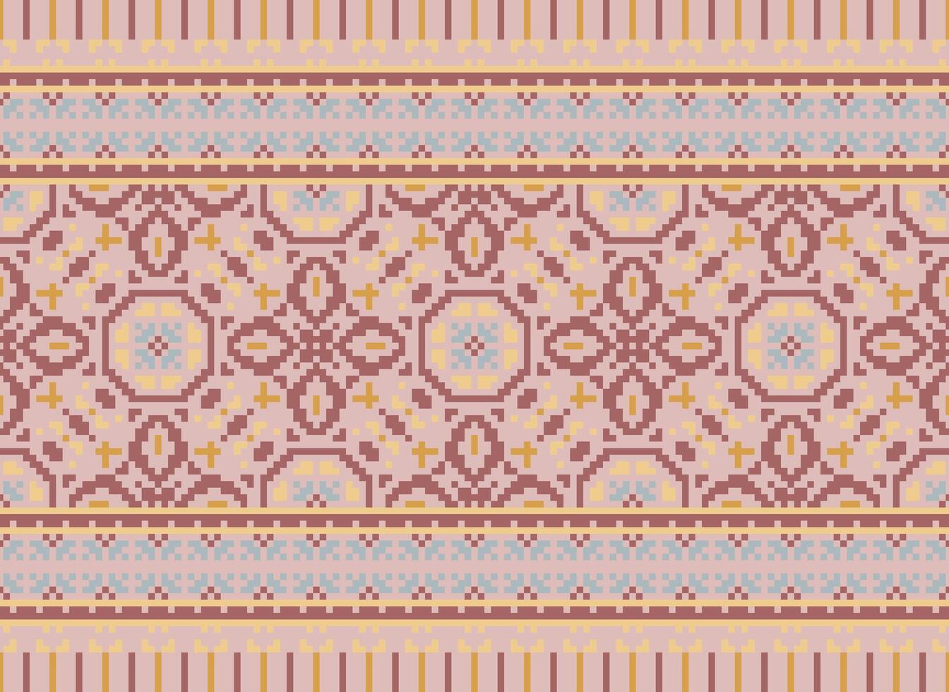 Pixel cross stitch traditional ethnic pattern paisley flower Ikat background abstract Aztec African Indonesian Indian seamless pattern for fabric print cloth dress carpet curtains and sarong vector