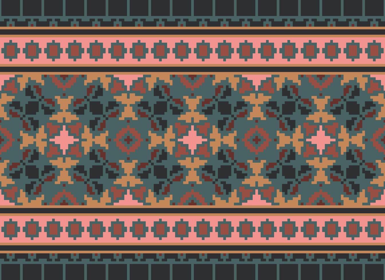 Pixel cross stitch traditional ethnic pattern paisley flower Ikat background abstract Aztec African Indonesian Indian seamless pattern for fabric print cloth dress carpet curtains and sarong vector