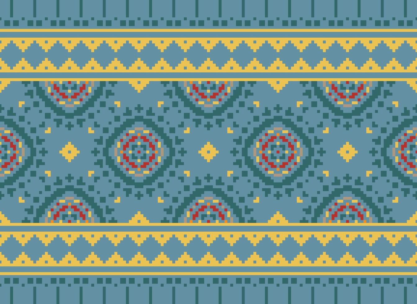 Embroidery ethnic pattern, Vector Geometric ornate background, Cross stitch retro zigzag style, Blue and yellow pattern knitting continuous, Design for textile, fabric, ceramic, digital print
