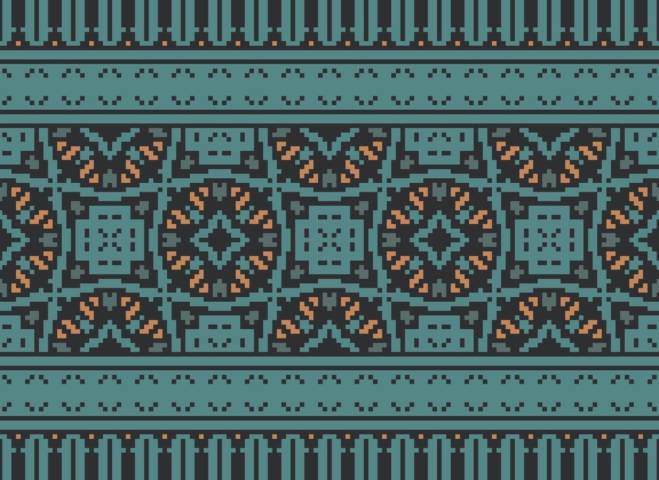 Pixel cross stitch traditional ethnic pattern paisley flower Ikat background abstract Aztec African Indonesian Indian seamless pattern for fabric print cloth dress carpet curtains and sarong vector