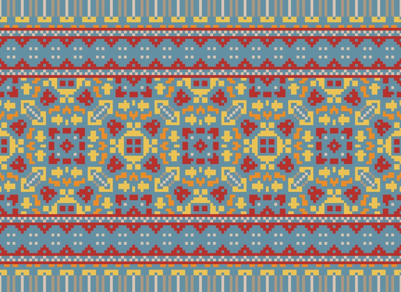 Embroidery ethnic pattern, Vector Geometric ornate background, Cross stitch retro zigzag style, Blue and yellow pattern knitting continuous, Design for textile, fabric, ceramic, digital print
