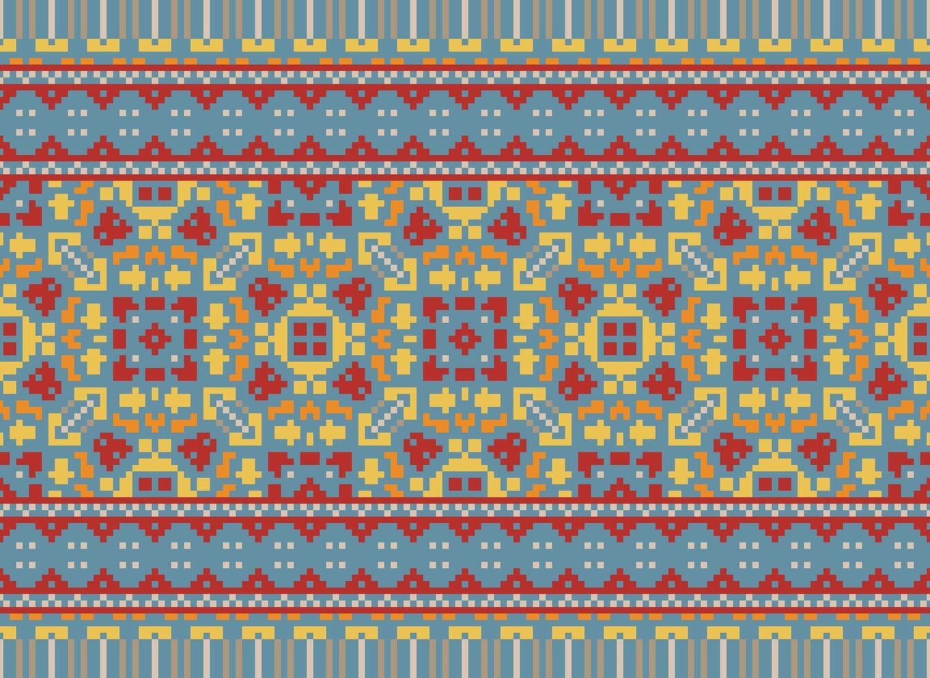 bordado étnico patrón, vector geométrico florido fondo, cruzar puntada retro zigzag estilo, azul y amarillo modelo tejido de punto continuo, diseño para textil, tela, cerámico, digital impresión