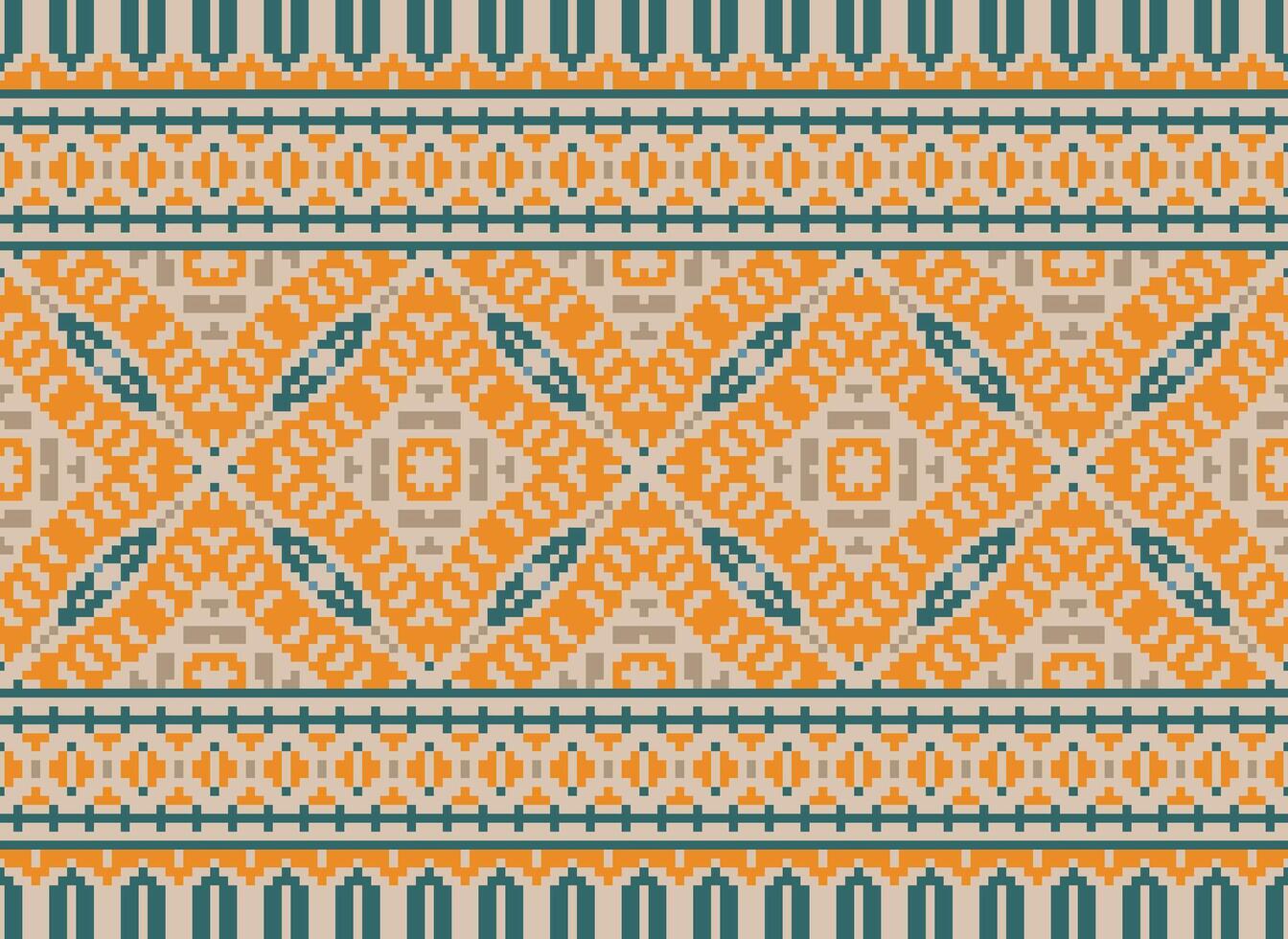 Embroidery ethnic pattern, Vector Geometric ornate background, Cross stitch retro zigzag style, Blue and yellow pattern knitting continuous, Design for textile, fabric, ceramic, digital print