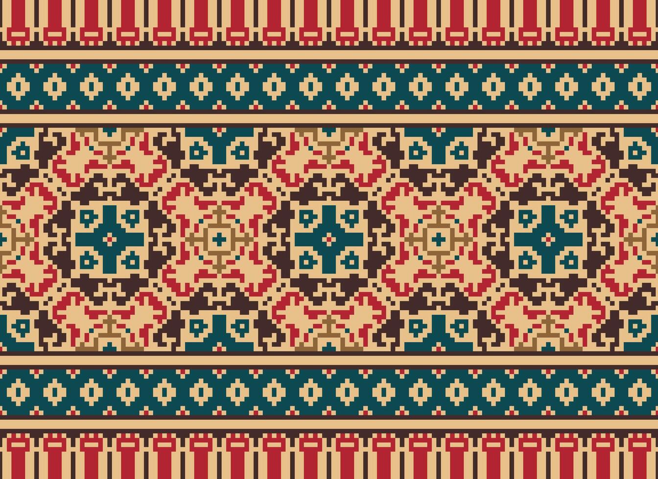 Embroidery ethnic pattern, Vector Geometric ornate background, Cross stitch retro zigzag style, Blue and yellow pattern knitting continuous, Design for textile, fabric, ceramic, digital print