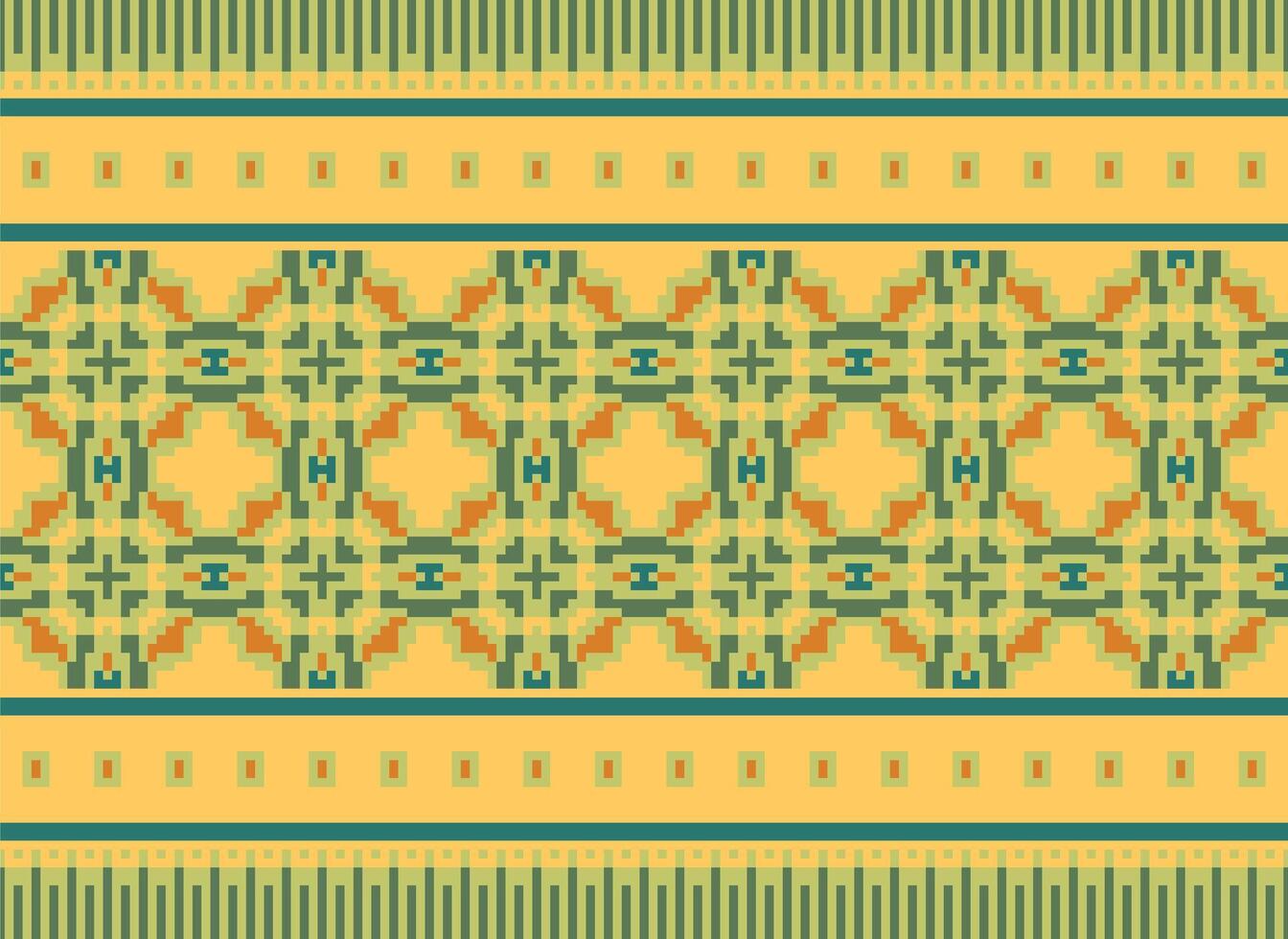 Pixel Ethnic geometric fabric pattern Cross Stitch.Ikat embroidery Ethnic oriental Pixel pattern blue background. Abstract,vector,illustration. Texture,clothing,frame,decoration,motifs,silk wallpaper. vector