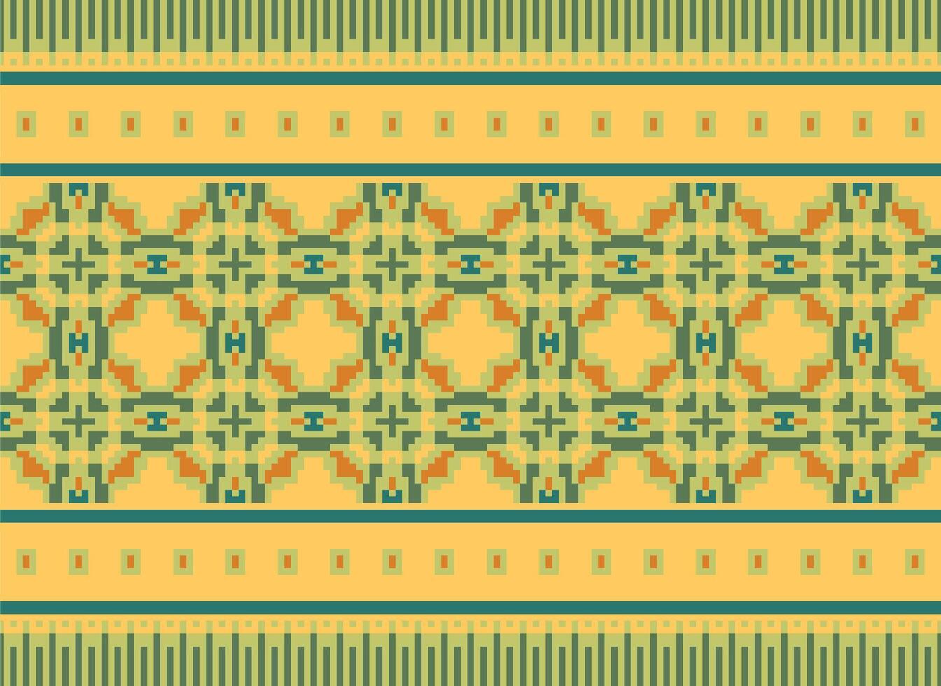 Pixel Ethnic geometric fabric pattern Cross Stitch.Ikat embroidery Ethnic oriental Pixel pattern blue background. Abstract,vector,illustration. Texture,clothing,frame,decoration,motifs,silk wallpaper. vector