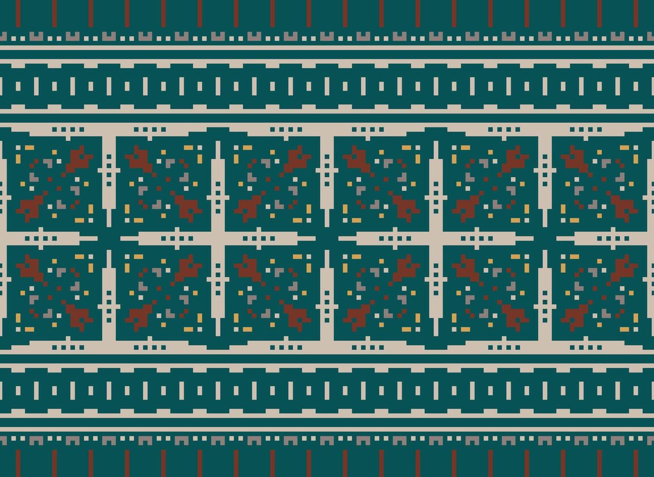 Pixel Ethnic geometric fabric pattern Cross Stitch.Ikat embroidery Ethnic oriental Pixel pattern blue background. Abstract,vector,illustration. Texture,clothing,frame,decoration,motifs,silk wallpaper. vector