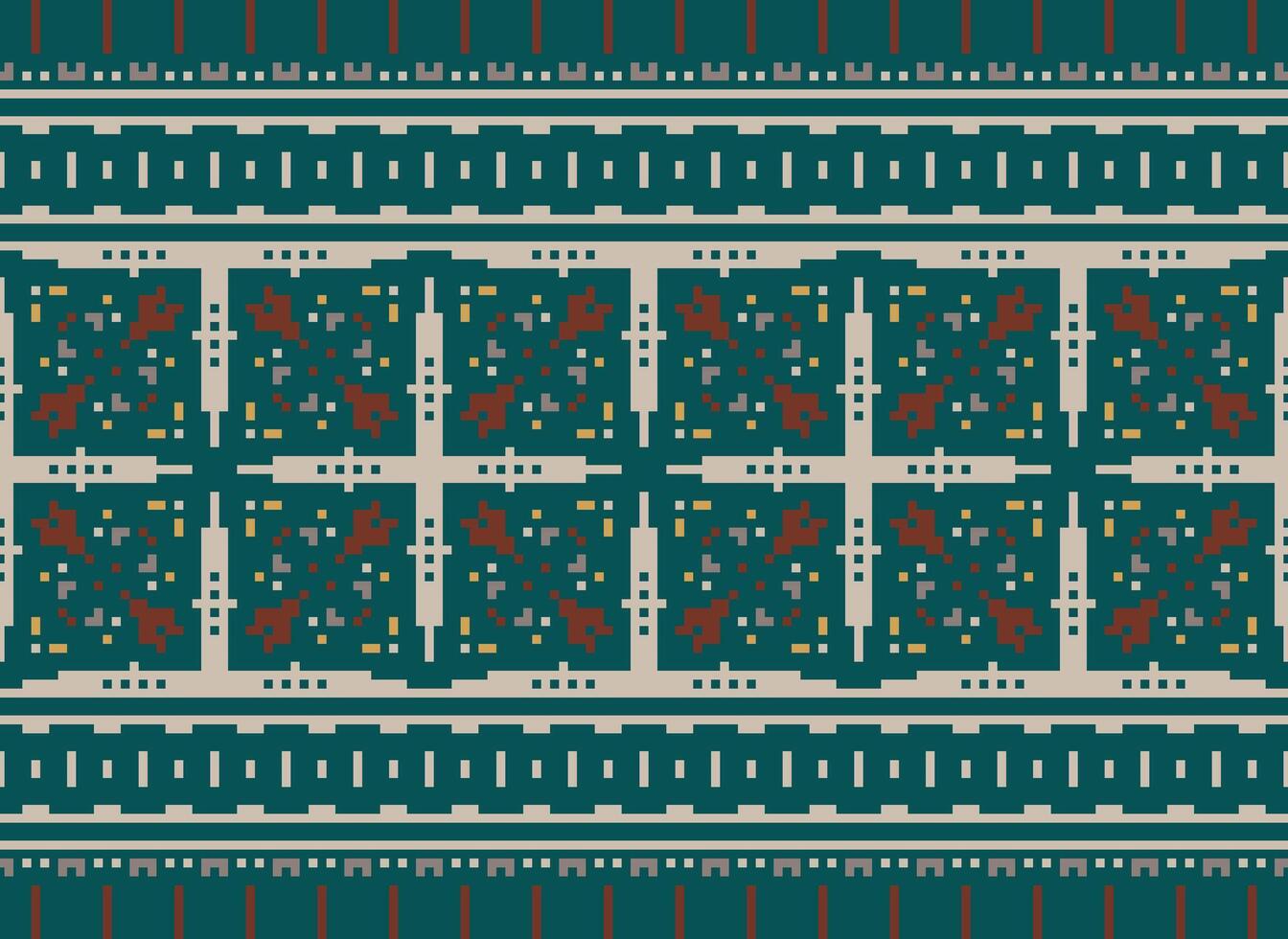 Pixel Ethnic geometric fabric pattern Cross Stitch.Ikat embroidery Ethnic oriental Pixel pattern blue background. Abstract,vector,illustration. Texture,clothing,frame,decoration,motifs,silk wallpaper. vector