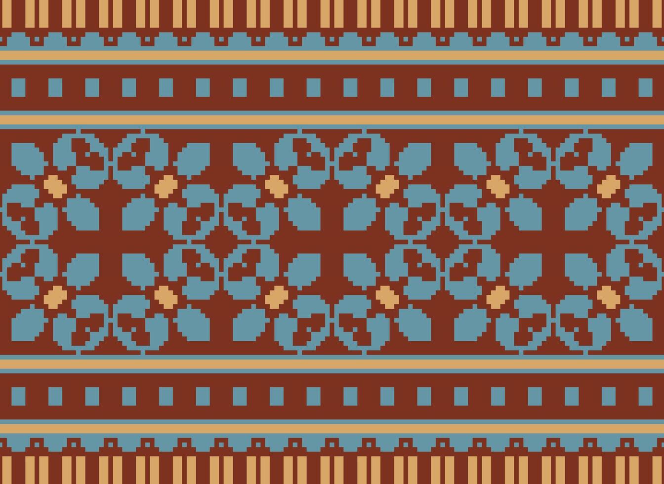 Pixel Ethnic geometric fabric pattern Cross Stitch.Ikat embroidery Ethnic oriental Pixel pattern blue background. Abstract,vector,illustration. Texture,clothing,frame,decoration,motifs,silk wallpaper. vector