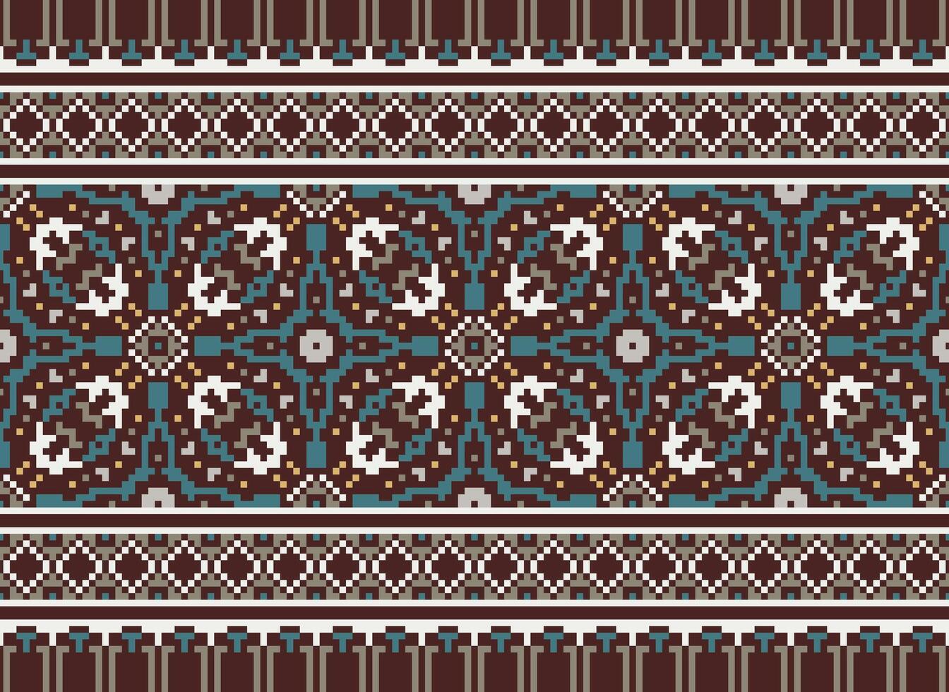 Pixel Ethnic geometric fabric pattern Cross Stitch.Ikat embroidery Ethnic oriental Pixel pattern blue background. Abstract,vector,illustration. Texture,clothing,frame,decoration,motifs,silk wallpaper. vector
