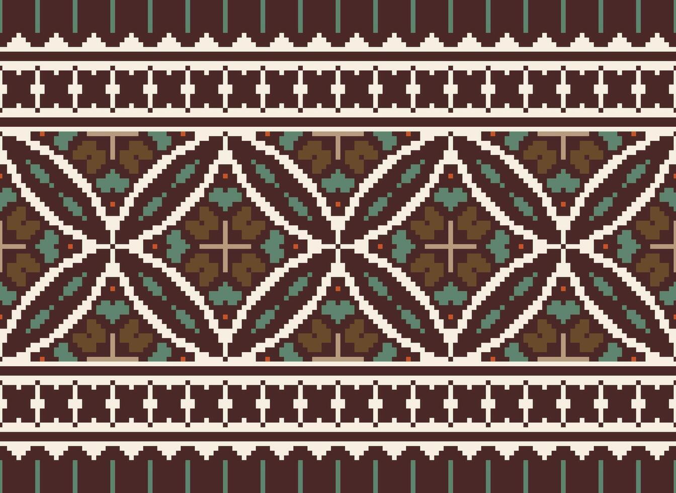 Pixel Ethnic geometric fabric pattern Cross Stitch.Ikat embroidery Ethnic oriental Pixel pattern blue background. Abstract,vector,illustration. Texture,clothing,frame,decoration,motifs,silk wallpaper. vector
