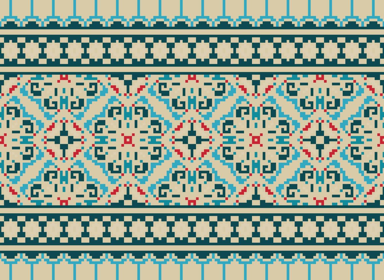 Pixel Ethnic geometric fabric pattern Cross Stitch.Ikat embroidery Ethnic oriental Pixel pattern blue background. Abstract,vector,illustration. Texture,clothing,frame,decoration,motifs,silk wallpaper. vector