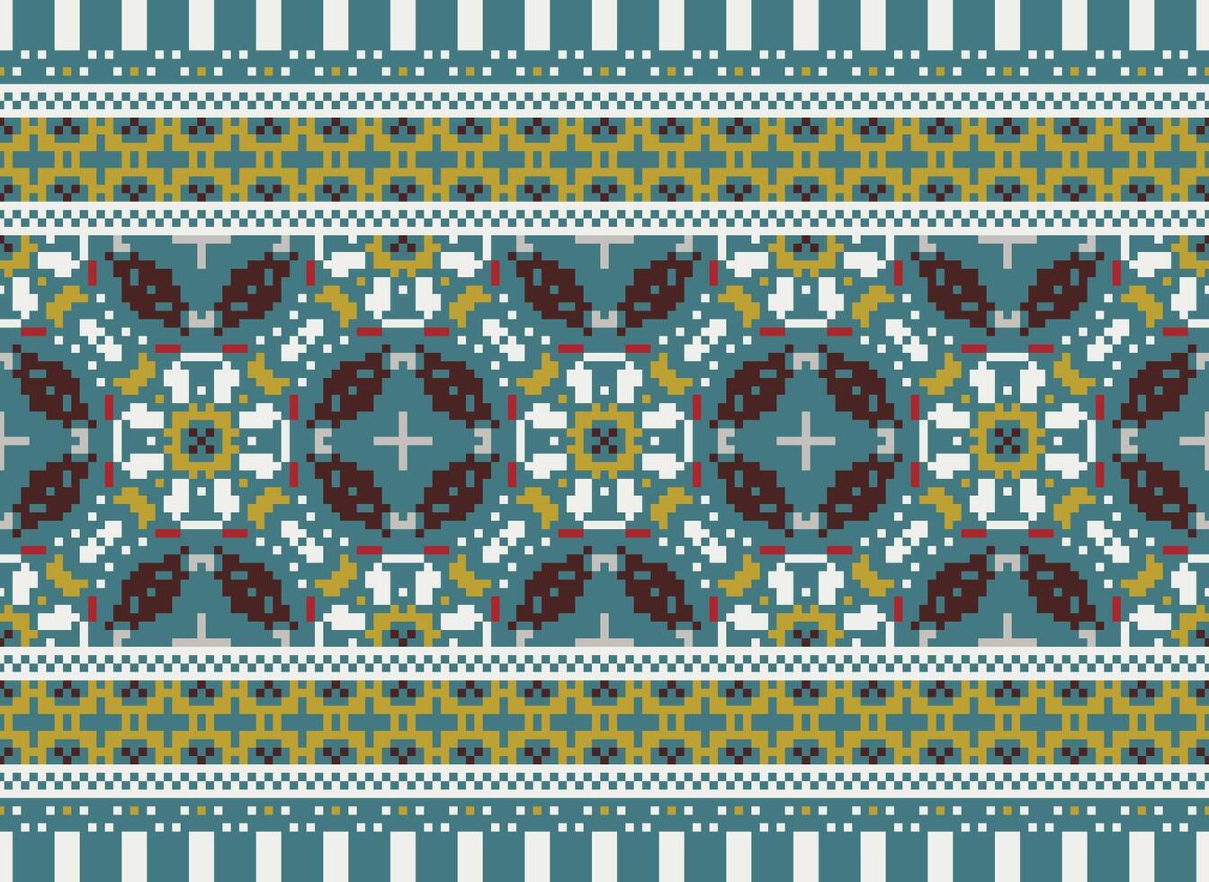 Pixel Ethnic geometric fabric pattern Cross Stitch.Ikat embroidery Ethnic oriental Pixel pattern blue background. Abstract,vector,illustration. Texture,clothing,frame,decoration,motifs,silk wallpaper. vector