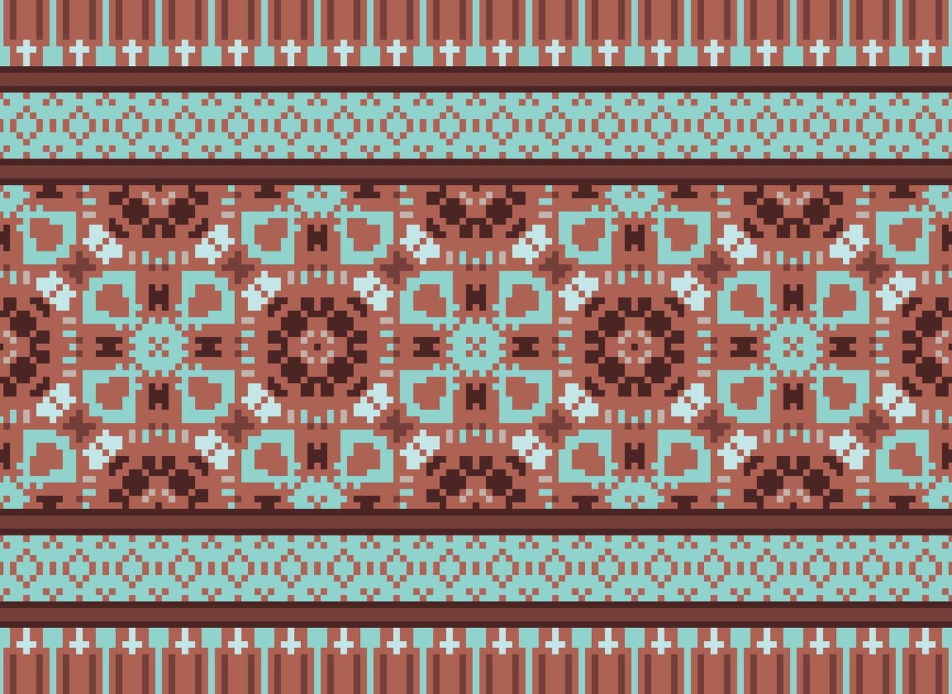 Pixel Ethnic geometric fabric pattern Cross Stitch.Ikat embroidery Ethnic oriental Pixel pattern blue background. Abstract,vector,illustration. Texture,clothing,frame,decoration,motifs,silk wallpaper. vector