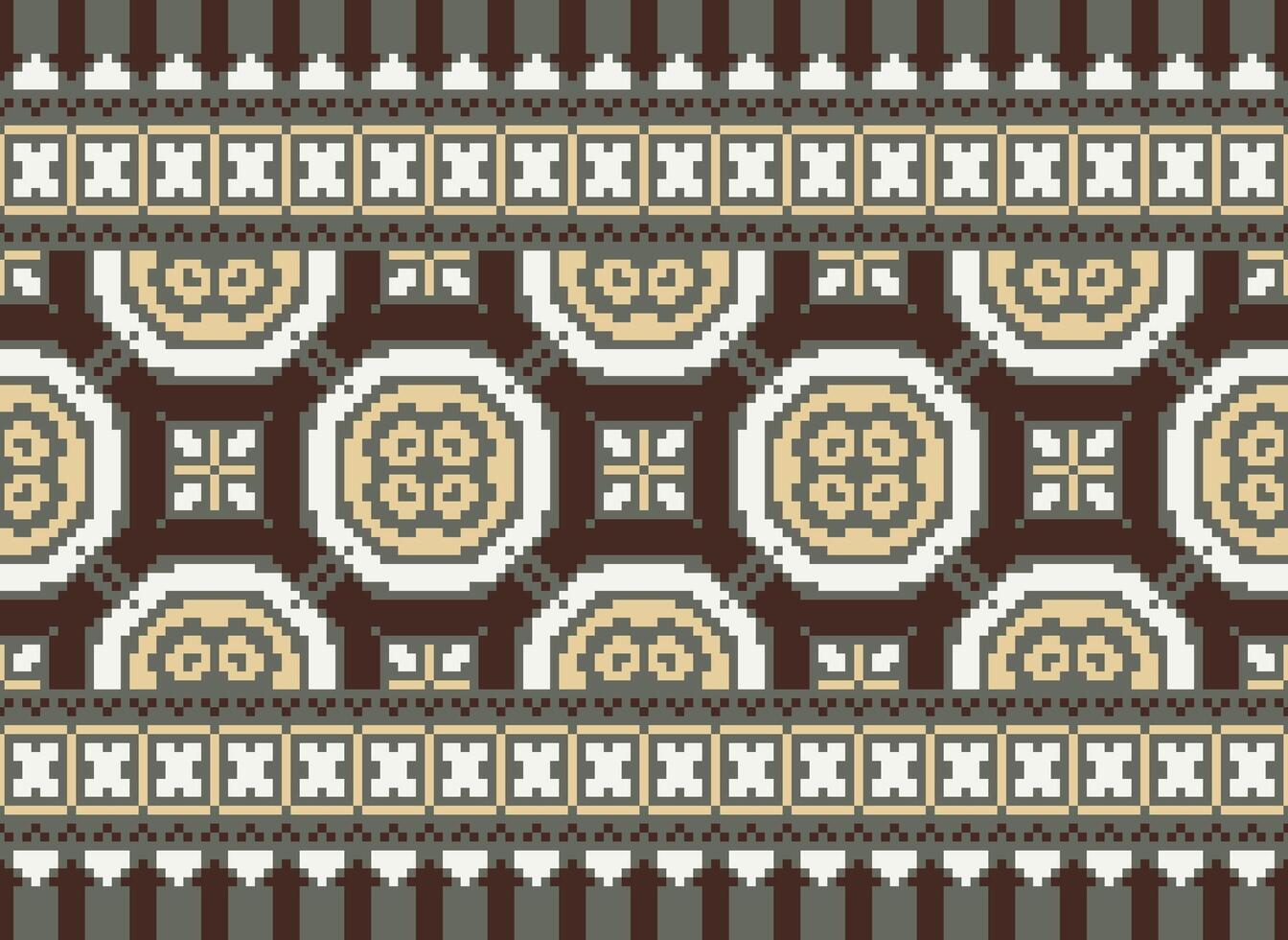 Pixel Ethnic geometric fabric pattern Cross Stitch.Ikat embroidery Ethnic oriental Pixel pattern blue background. Abstract,vector,illustration. Texture,clothing,frame,decoration,motifs,silk wallpaper. vector