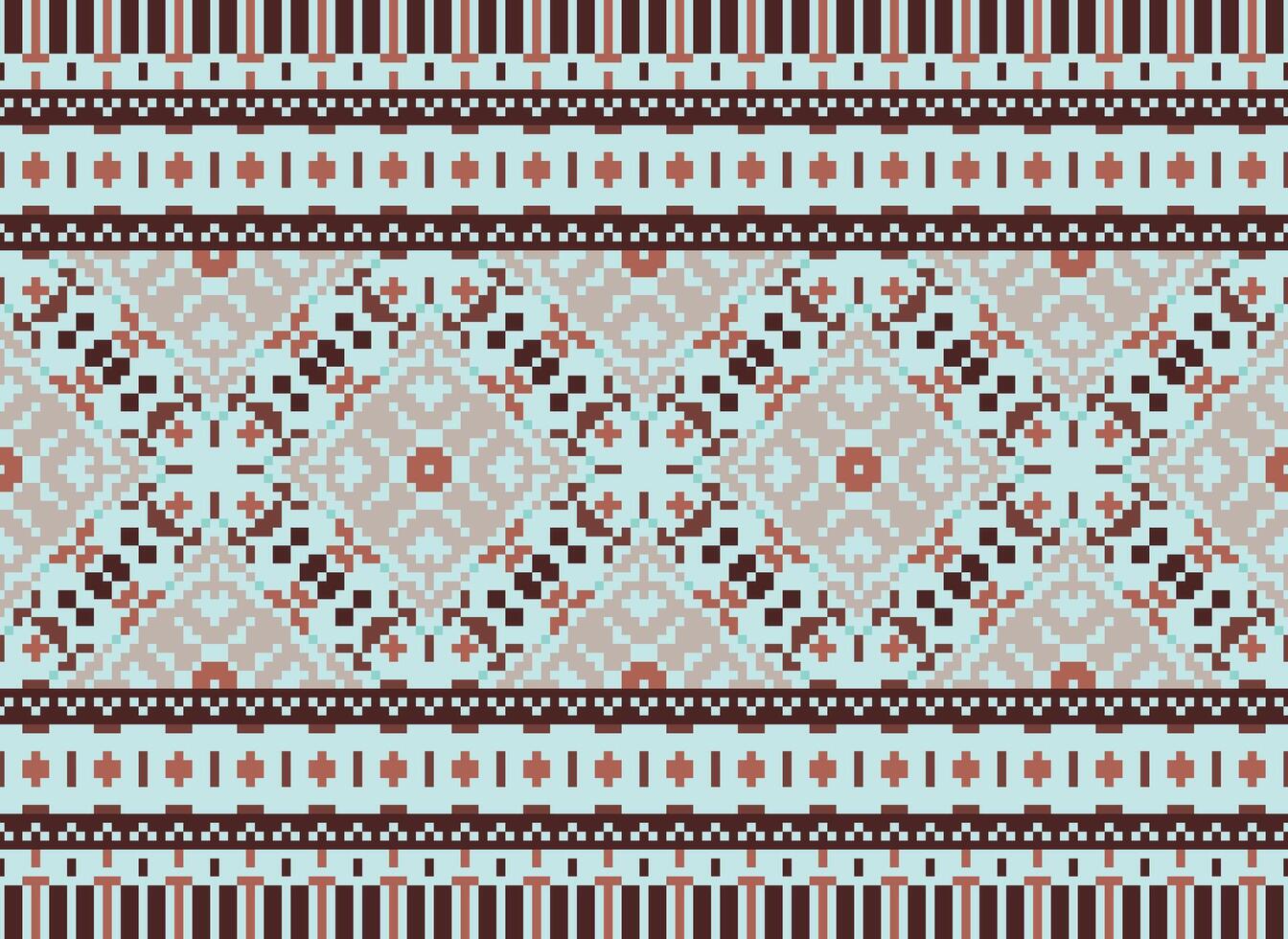 Pixel Ethnic geometric fabric pattern Cross Stitch.Ikat embroidery Ethnic oriental Pixel pattern blue background. Abstract,vector,illustration. Texture,clothing,frame,decoration,motifs,silk wallpaper. vector