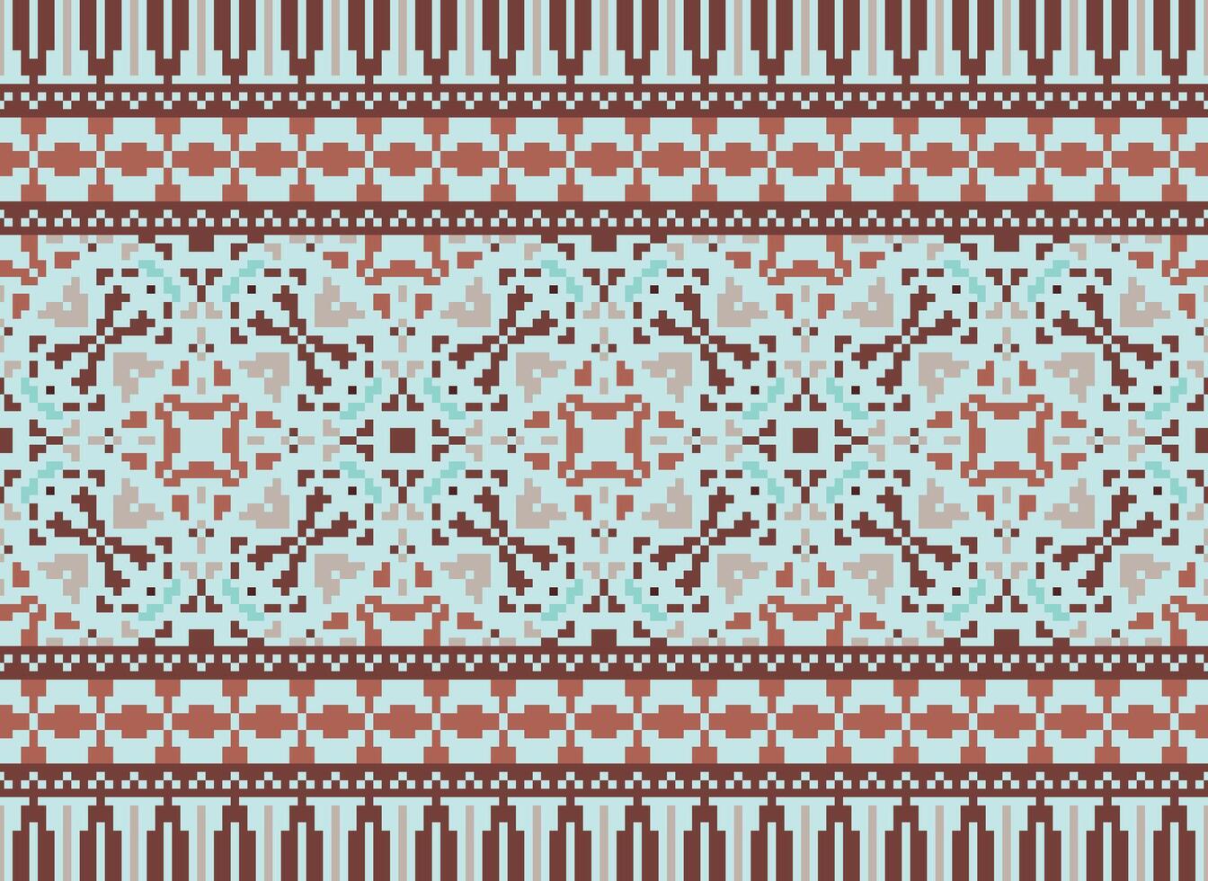 Pixel Ethnic geometric fabric pattern Cross Stitch.Ikat embroidery Ethnic oriental Pixel pattern blue background. Abstract,vector,illustration. Texture,clothing,frame,decoration,motifs,silk wallpaper. vector