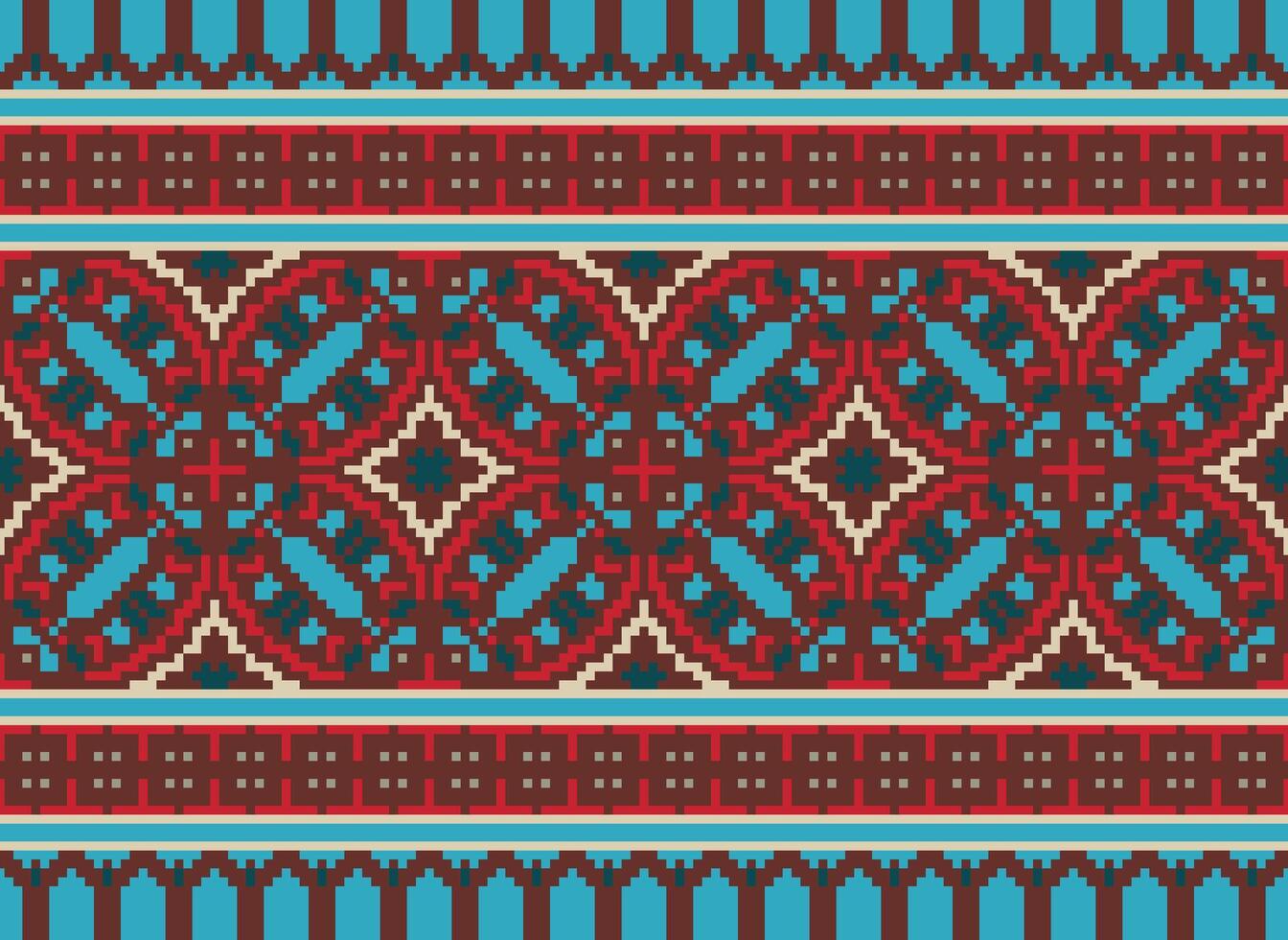 Pixel Ethnic geometric fabric pattern Cross Stitch.Ikat embroidery Ethnic oriental Pixel pattern blue background. Abstract,vector,illustration. Texture,clothing,frame,decoration,motifs,silk wallpaper. vector