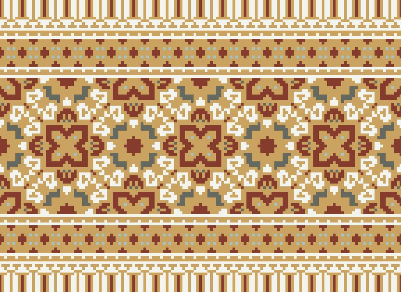 Pixel Ethnic geometric fabric pattern Cross Stitch.Ikat embroidery Ethnic oriental Pixel pattern blue background. Abstract,vector,illustration. Texture,clothing,frame,decoration,motifs,silk wallpaper. vector