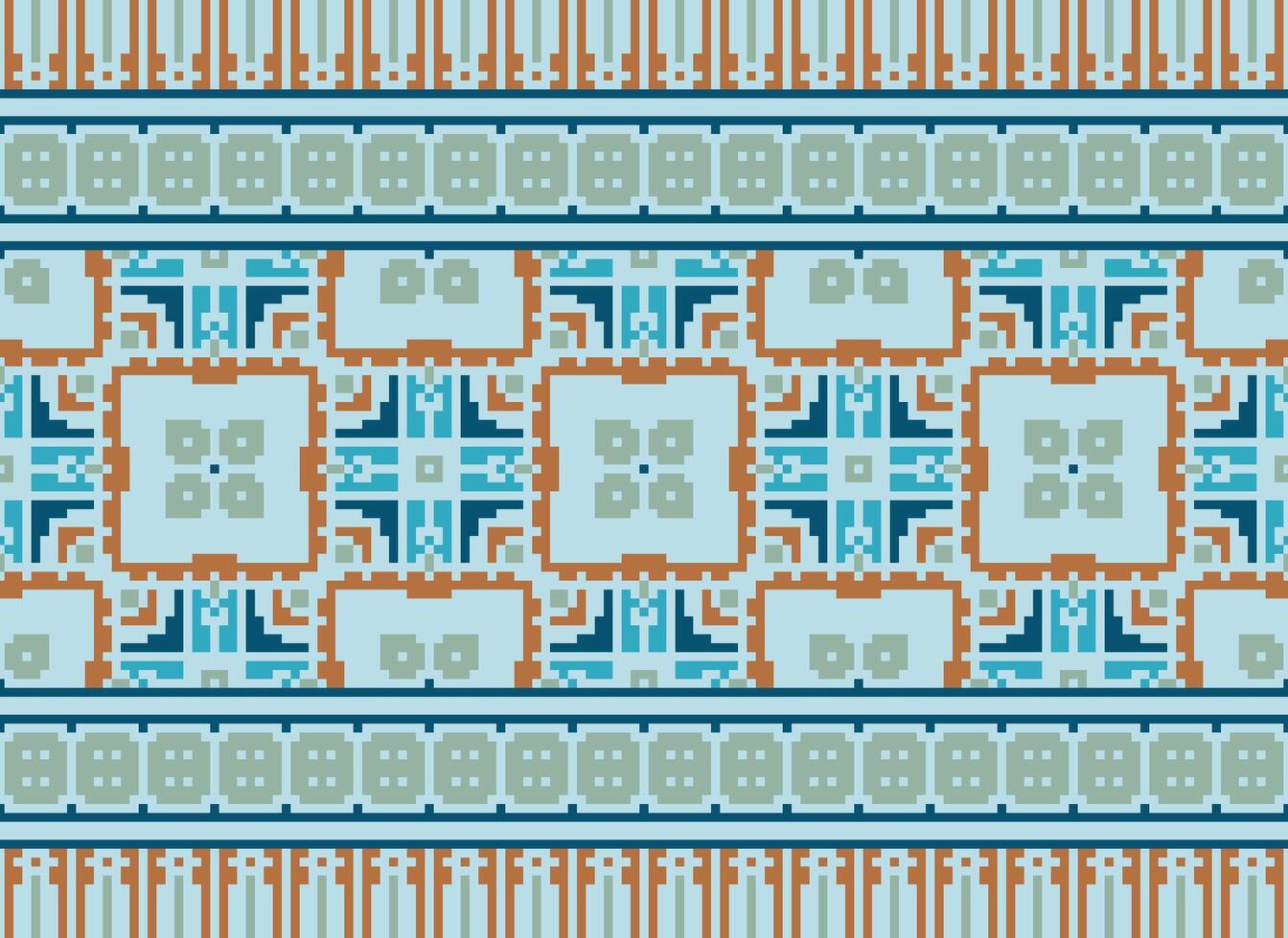 Pixel Ethnic geometric fabric pattern Cross Stitch.Ikat embroidery Ethnic oriental Pixel pattern blue background. Abstract,vector,illustration. Texture,clothing,frame,decoration,motifs,silk wallpaper. vector