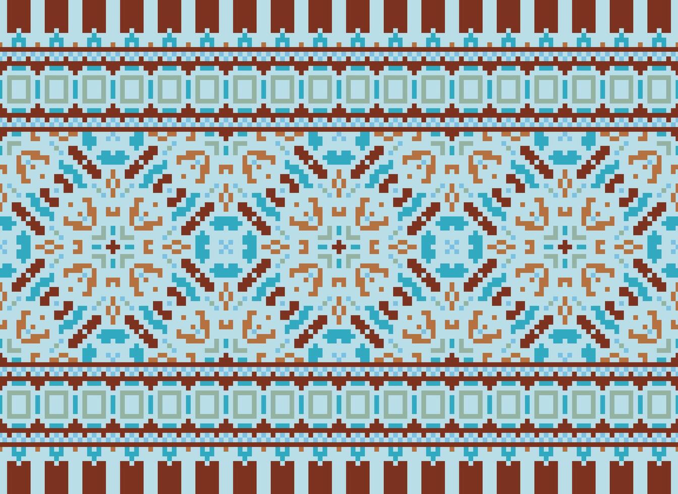 Pixel ikat and cross stitch geometric seamless pattern ethnic oriental traditional. Aztec style illustration design for carpet, wallpaper, clothing, wrapping, batik. vector