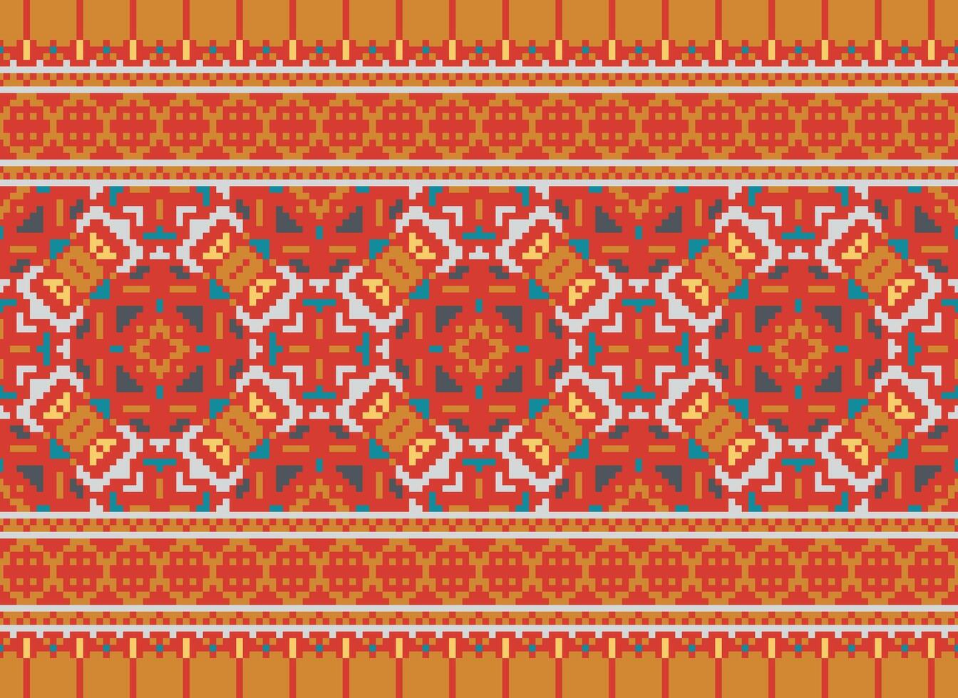Pixel ikat and cross stitch geometric seamless pattern ethnic oriental traditional. Aztec style illustration design for carpet, wallpaper, clothing, wrapping, batik. vector