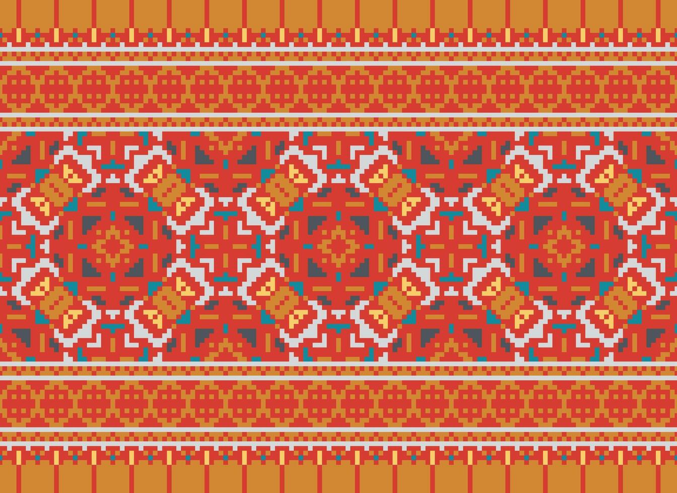 Pixel ikat and cross stitch geometric seamless pattern ethnic oriental traditional. Aztec style illustration design for carpet, wallpaper, clothing, wrapping, batik. vector