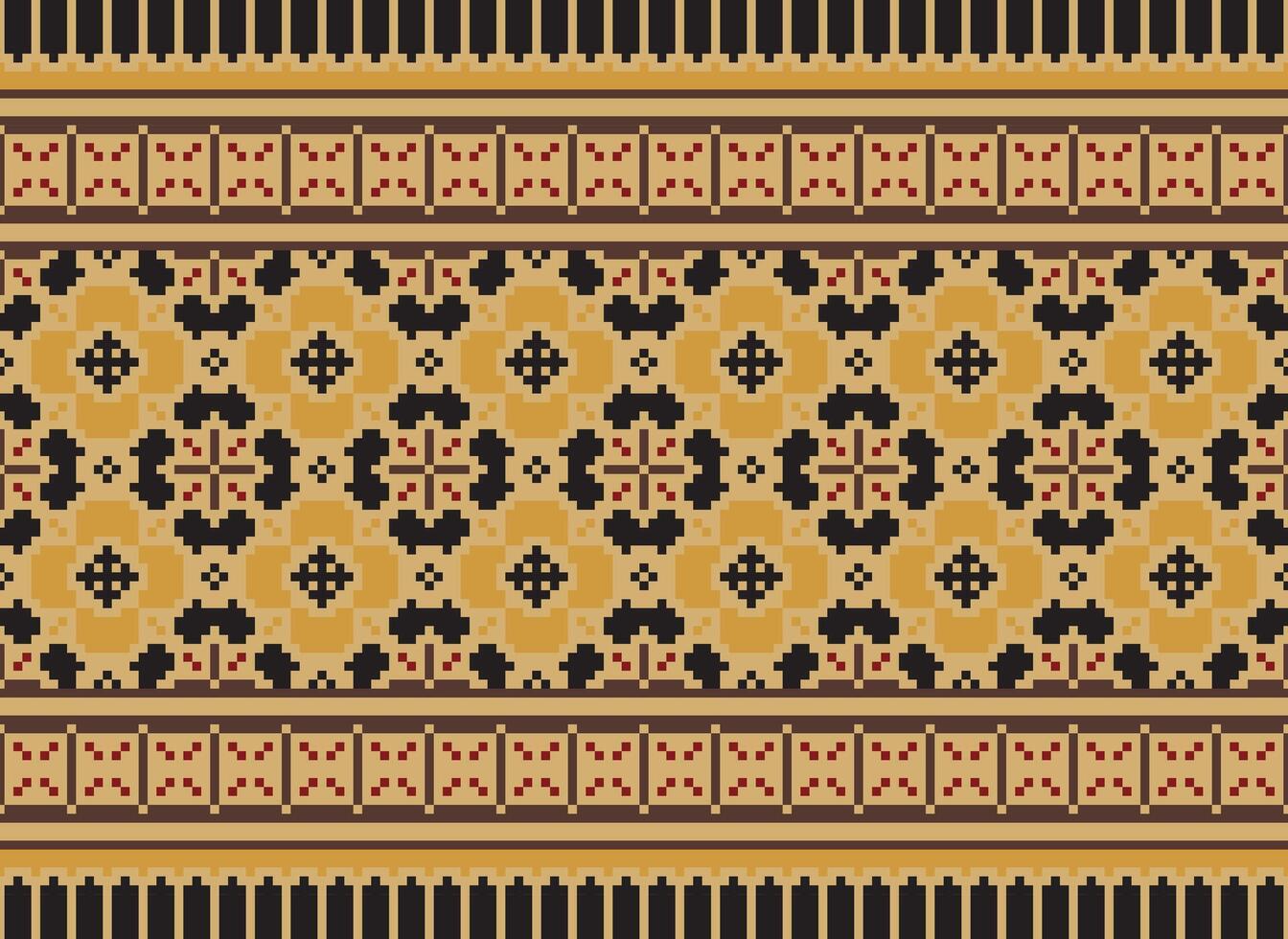 Pixel ikat and cross stitch geometric seamless pattern ethnic oriental traditional. Aztec style illustration design for carpet, wallpaper, clothing, wrapping, batik. vector