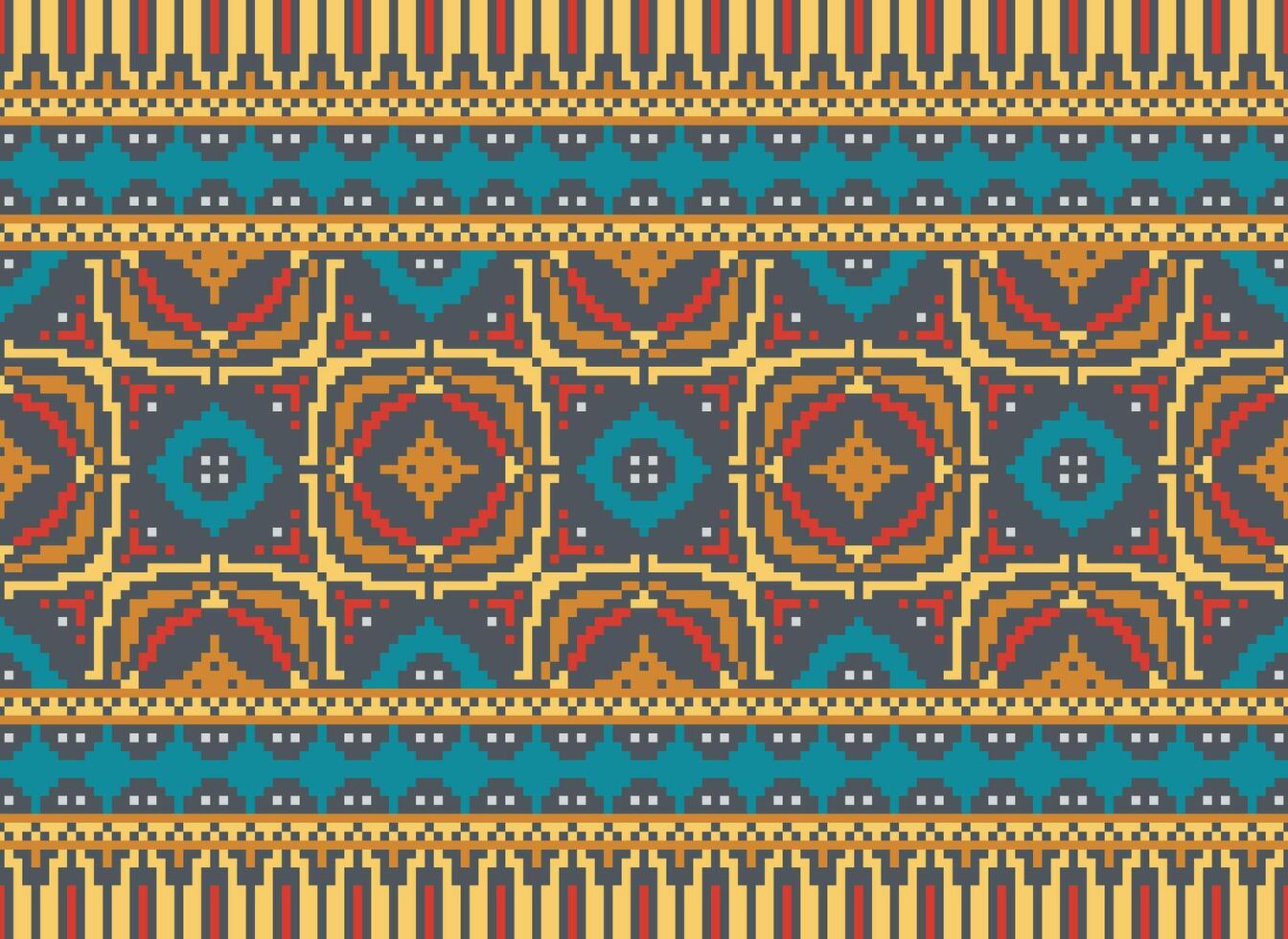 Pixel ikat and cross stitch geometric seamless pattern ethnic oriental traditional. Aztec style illustration design for carpet, wallpaper, clothing, wrapping, batik. vector