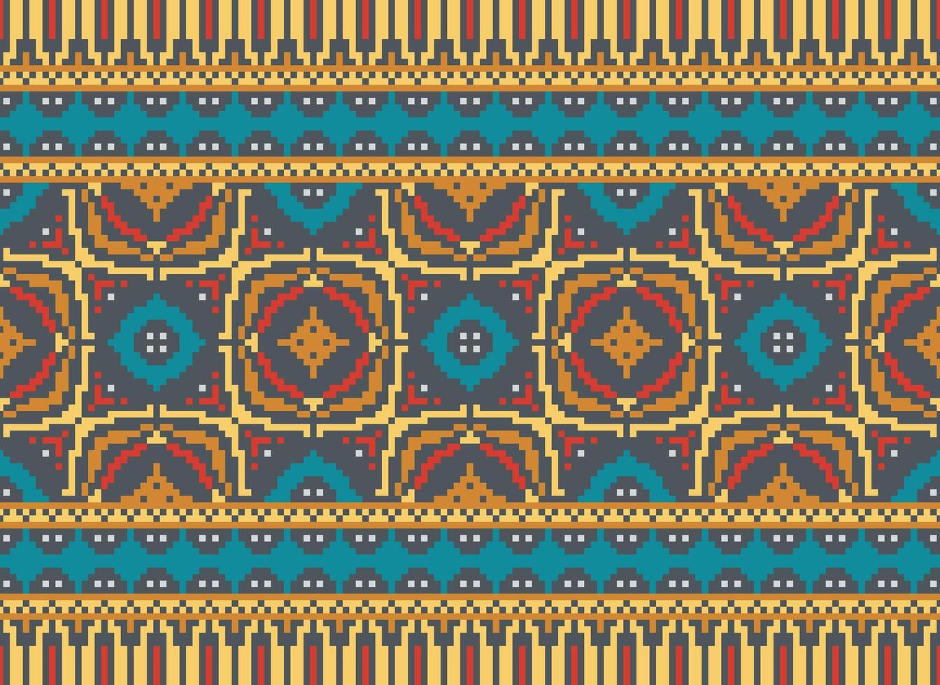 píxel ikat y cruzar puntada geométrico sin costura modelo étnico oriental tradicional. azteca estilo ilustración diseño para alfombra, fondo de pantalla, ropa, envase, batik. vector