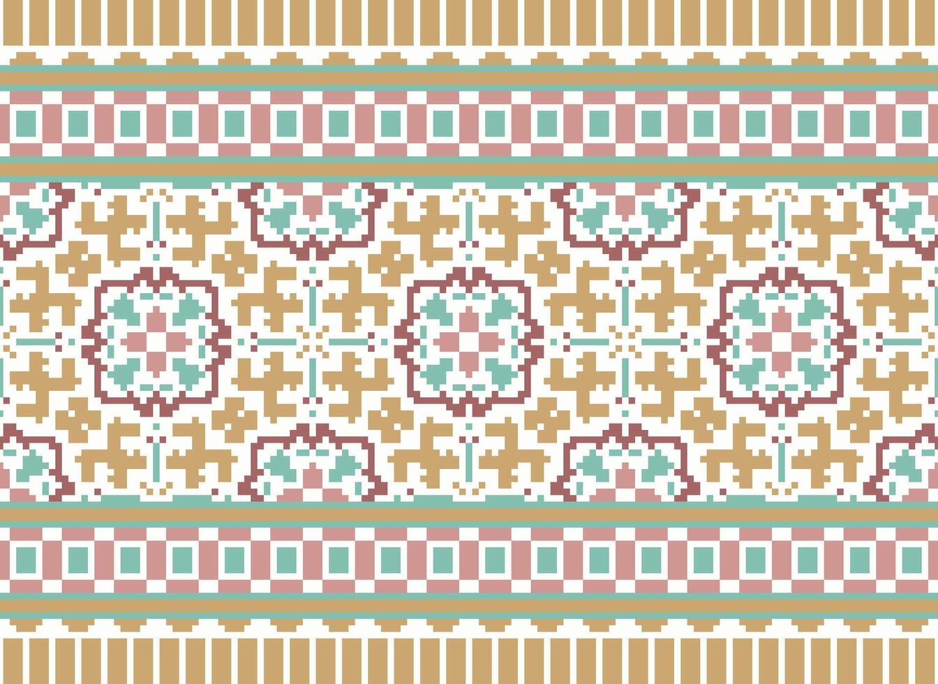 Pixel ikat and cross stitch geometric seamless pattern ethnic oriental traditional. Aztec style illustration design for carpet, wallpaper, clothing, wrapping, batik. vector