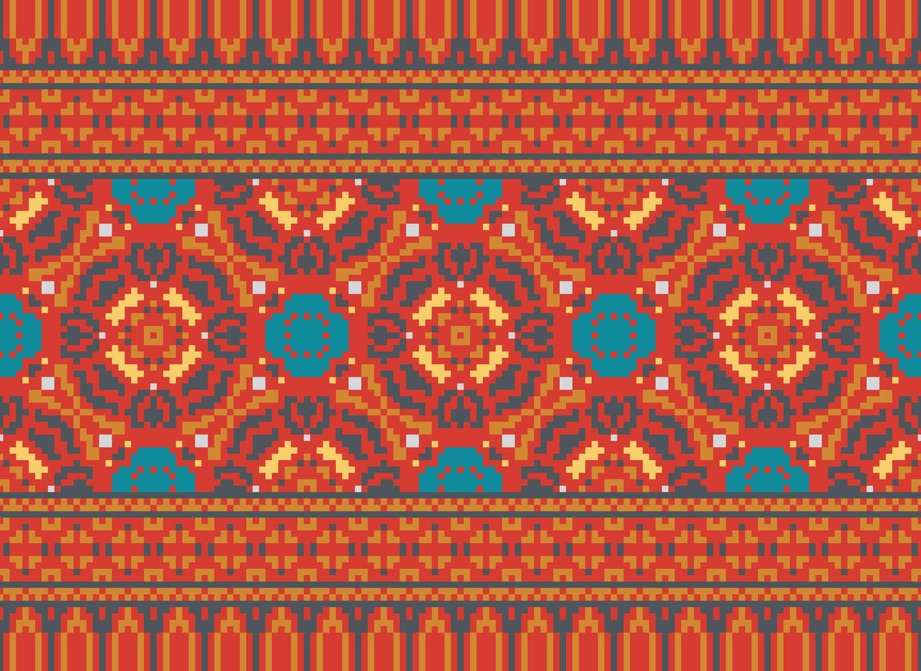 Pixel ikat and cross stitch geometric seamless pattern ethnic oriental traditional. Aztec style illustration design for carpet, wallpaper, clothing, wrapping, batik. vector