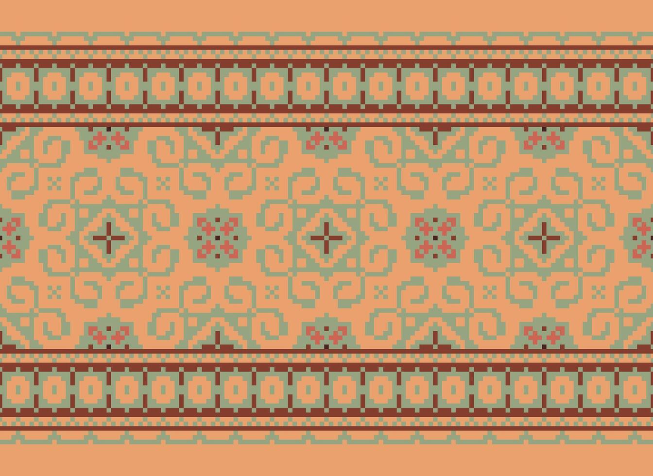 Pixel ikat and cross stitch geometric seamless pattern ethnic oriental traditional. Aztec style illustration design for carpet, wallpaper, clothing, wrapping, batik. vector