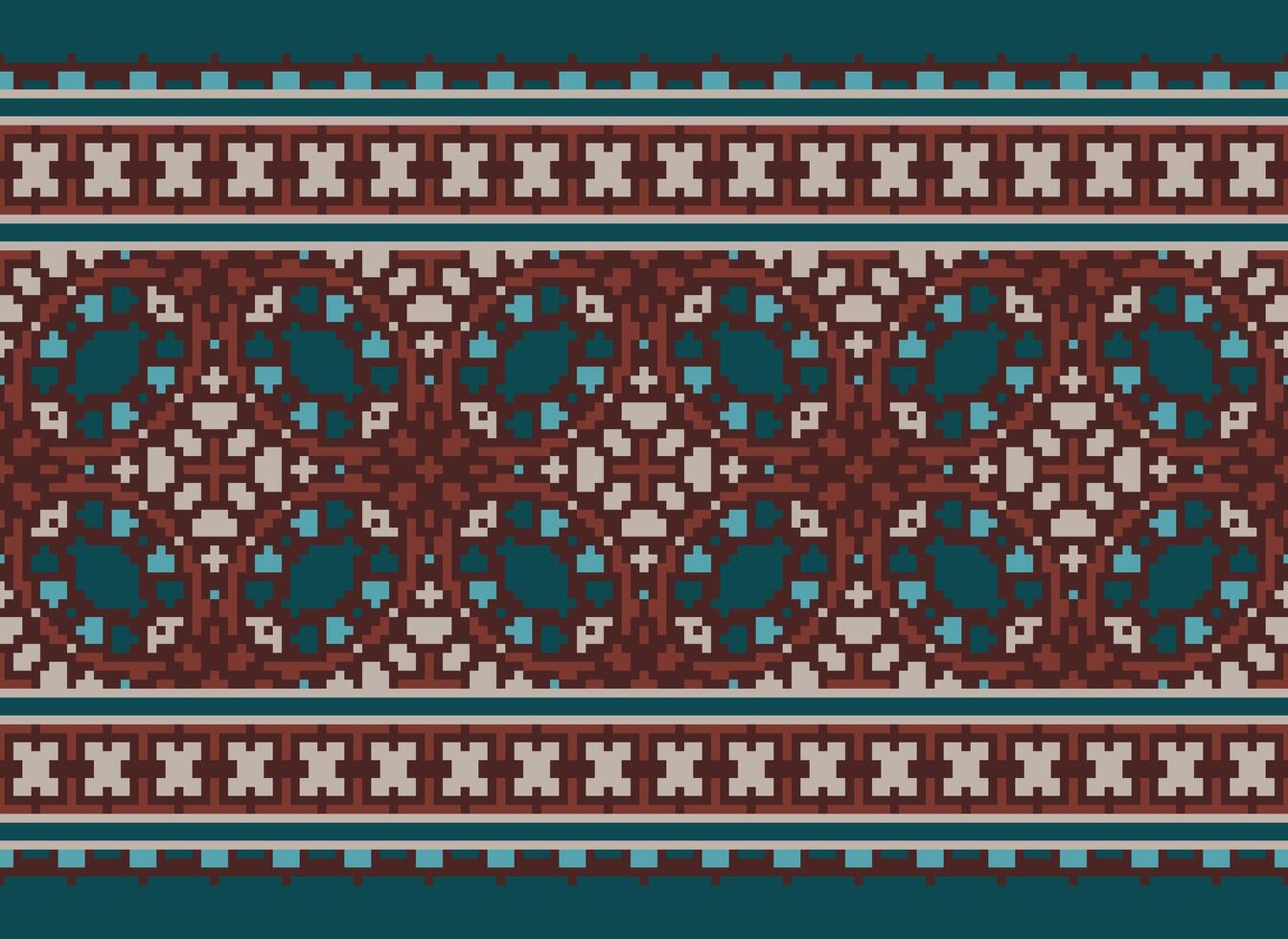 Pixel ikat and cross stitch geometric seamless pattern ethnic oriental traditional. Aztec style illustration design for carpet, wallpaper, clothing, wrapping, batik. vector