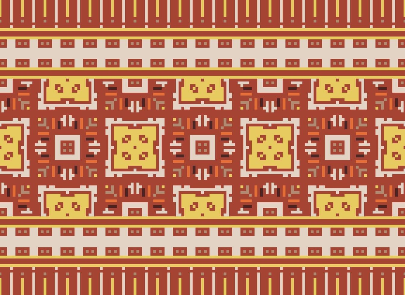 Pixel ikat and cross stitch geometric seamless pattern ethnic oriental traditional. Aztec style illustration design for carpet, wallpaper, clothing, wrapping, batik. vector