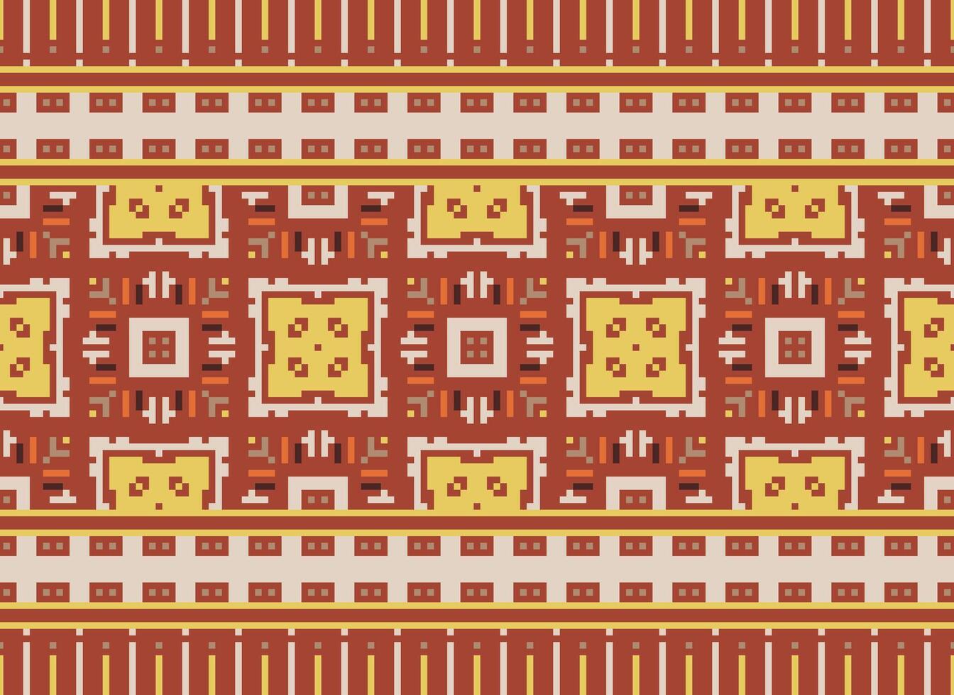 Pixel ikat and cross stitch geometric seamless pattern ethnic oriental traditional. Aztec style illustration design for carpet, wallpaper, clothing, wrapping, batik. vector