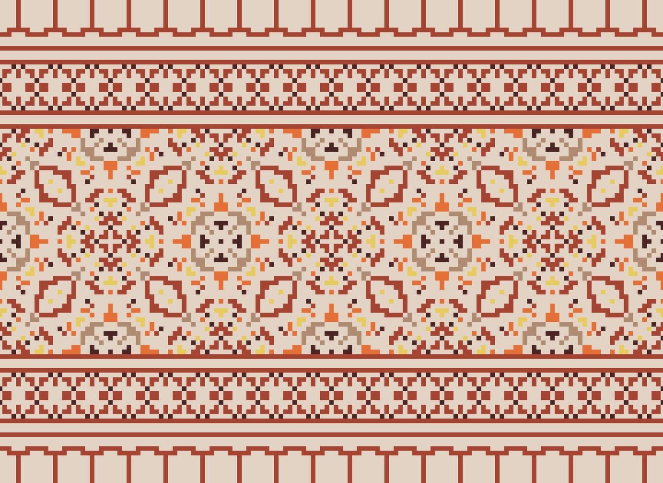 Pixel ikat and cross stitch geometric seamless pattern ethnic oriental traditional. Aztec style illustration design for carpet, wallpaper, clothing, wrapping, batik. vector