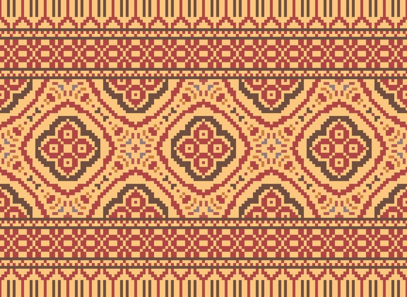 Pixel ikat and cross stitch geometric seamless pattern ethnic oriental traditional. Aztec style illustration design for carpet, wallpaper, clothing, wrapping, batik. vector