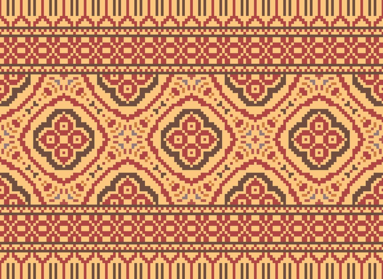 Pixel ikat and cross stitch geometric seamless pattern ethnic oriental traditional. Aztec style illustration design for carpet, wallpaper, clothing, wrapping, batik. vector