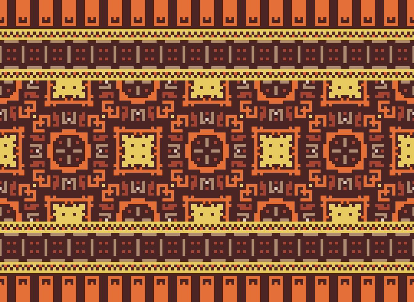 Pixel ikat and cross stitch geometric seamless pattern ethnic oriental traditional. Aztec style illustration design for carpet, wallpaper, clothing, wrapping, batik. vector