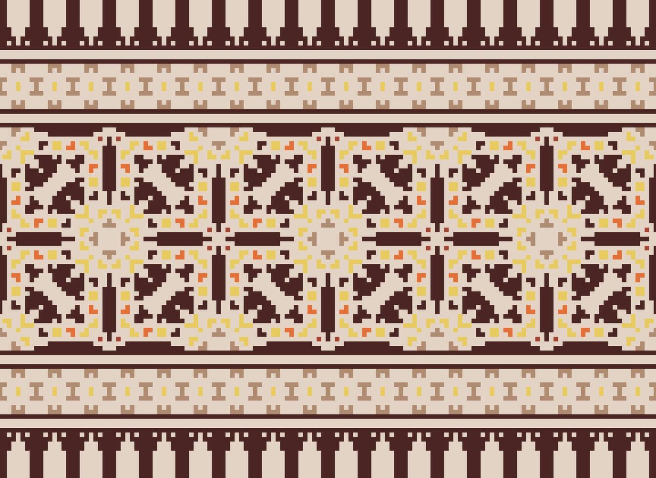 Pixel ikat and cross stitch geometric seamless pattern ethnic oriental traditional. Aztec style illustration design for carpet, wallpaper, clothing, wrapping, batik. vector