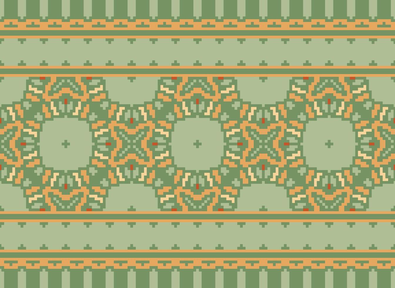 Pixel ikat and cross stitch geometric seamless pattern ethnic oriental traditional. Aztec style illustration design for carpet, wallpaper, clothing, wrapping, batik. vector