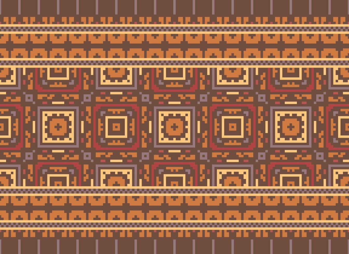 Pixel ikat and cross stitch geometric seamless pattern ethnic oriental traditional. Aztec style illustration design for carpet, wallpaper, clothing, wrapping, batik. vector