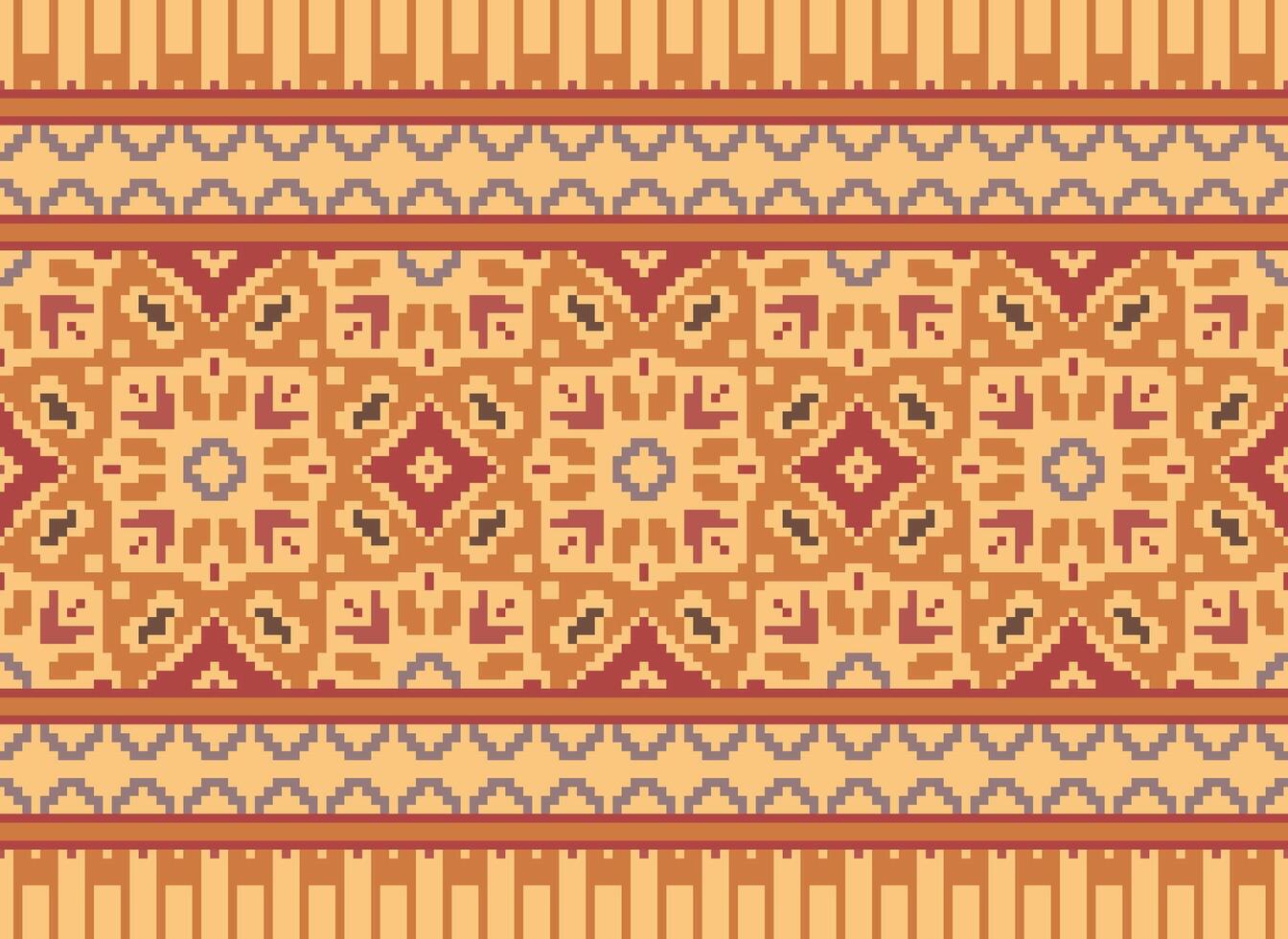 Pixel ikat and cross stitch geometric seamless pattern ethnic oriental traditional. Aztec style illustration design for carpet, wallpaper, clothing, wrapping, batik. vector