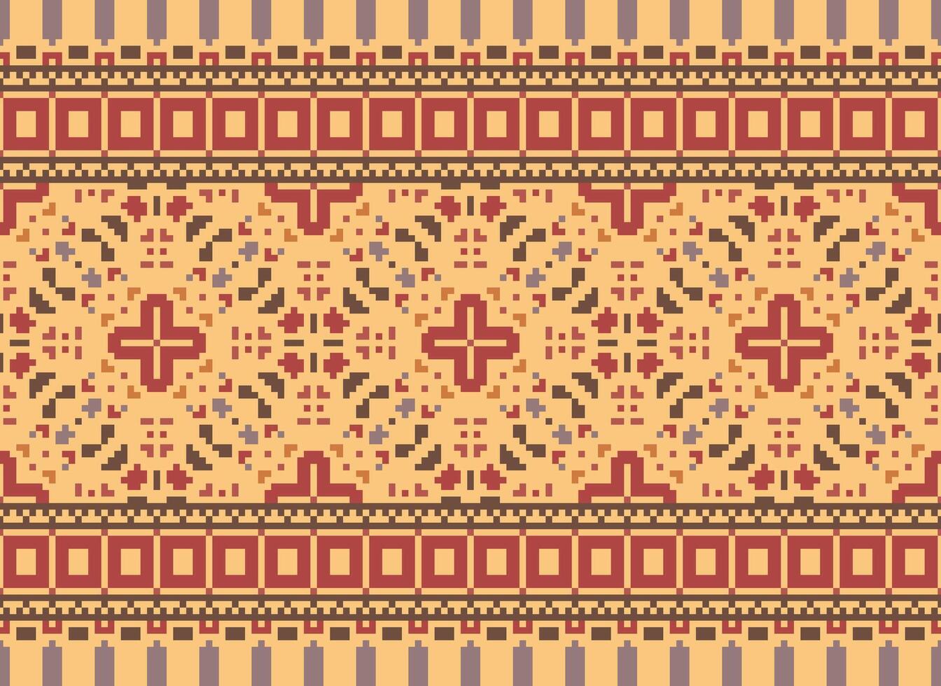 Pixel ikat and cross stitch geometric seamless pattern ethnic oriental traditional. Aztec style illustration design for carpet, wallpaper, clothing, wrapping, batik. vector