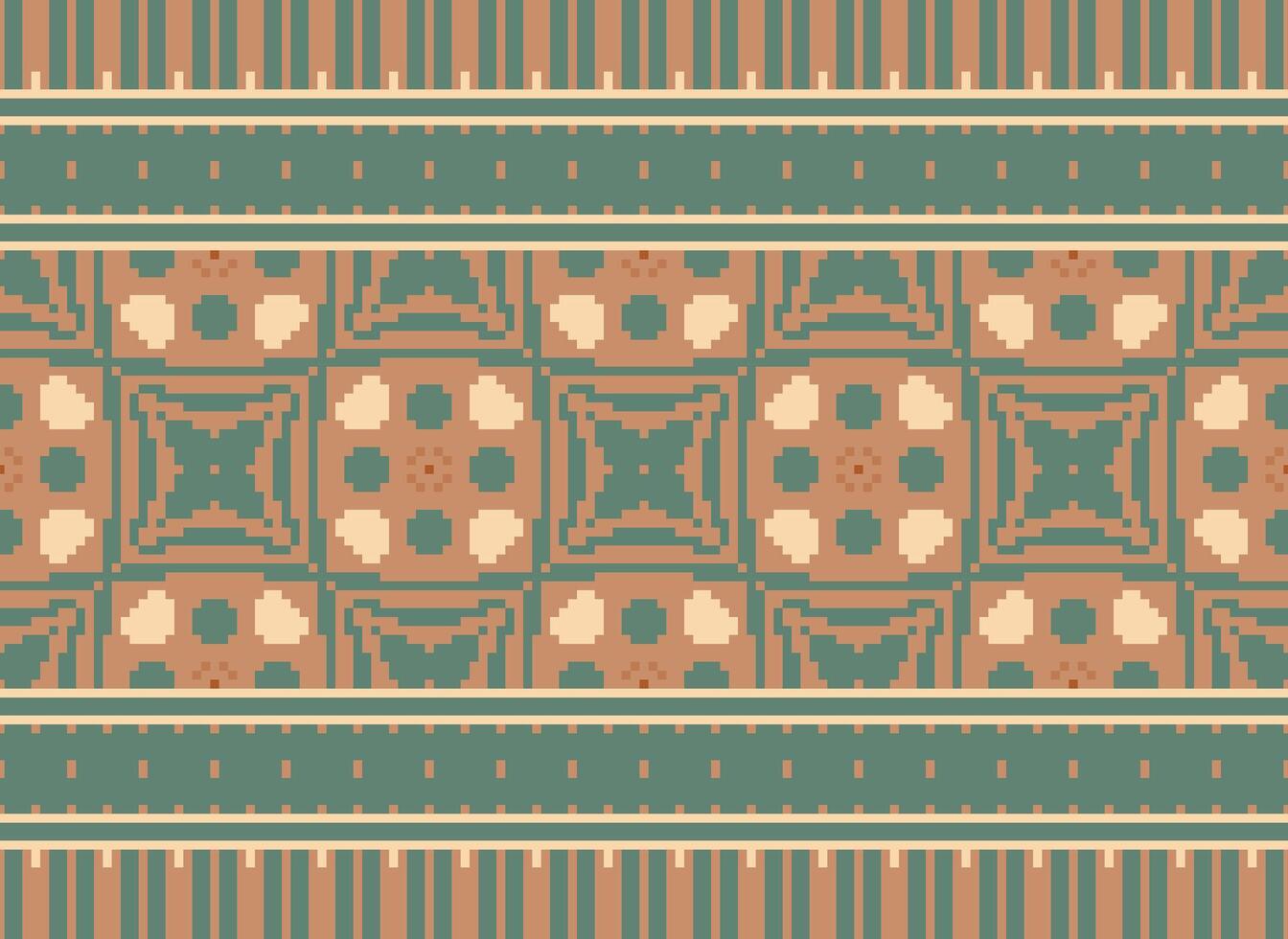 Pixel ikat and cross stitch geometric seamless pattern ethnic oriental traditional. Aztec style illustration design for carpet, wallpaper, clothing, wrapping, batik. vector