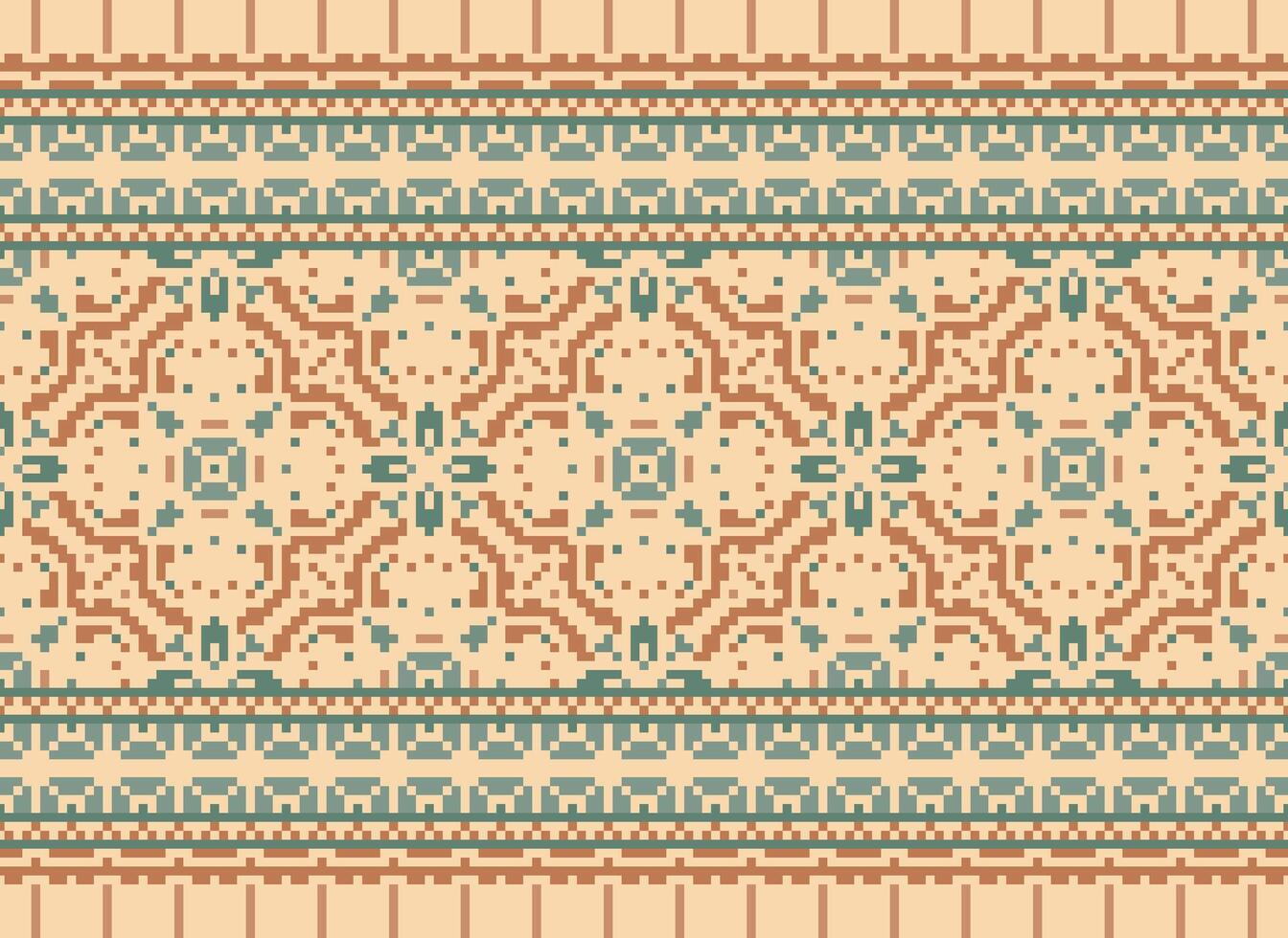 Pixel ikat and cross stitch geometric seamless pattern ethnic oriental traditional. Aztec style illustration design for carpet, wallpaper, clothing, wrapping, batik. vector