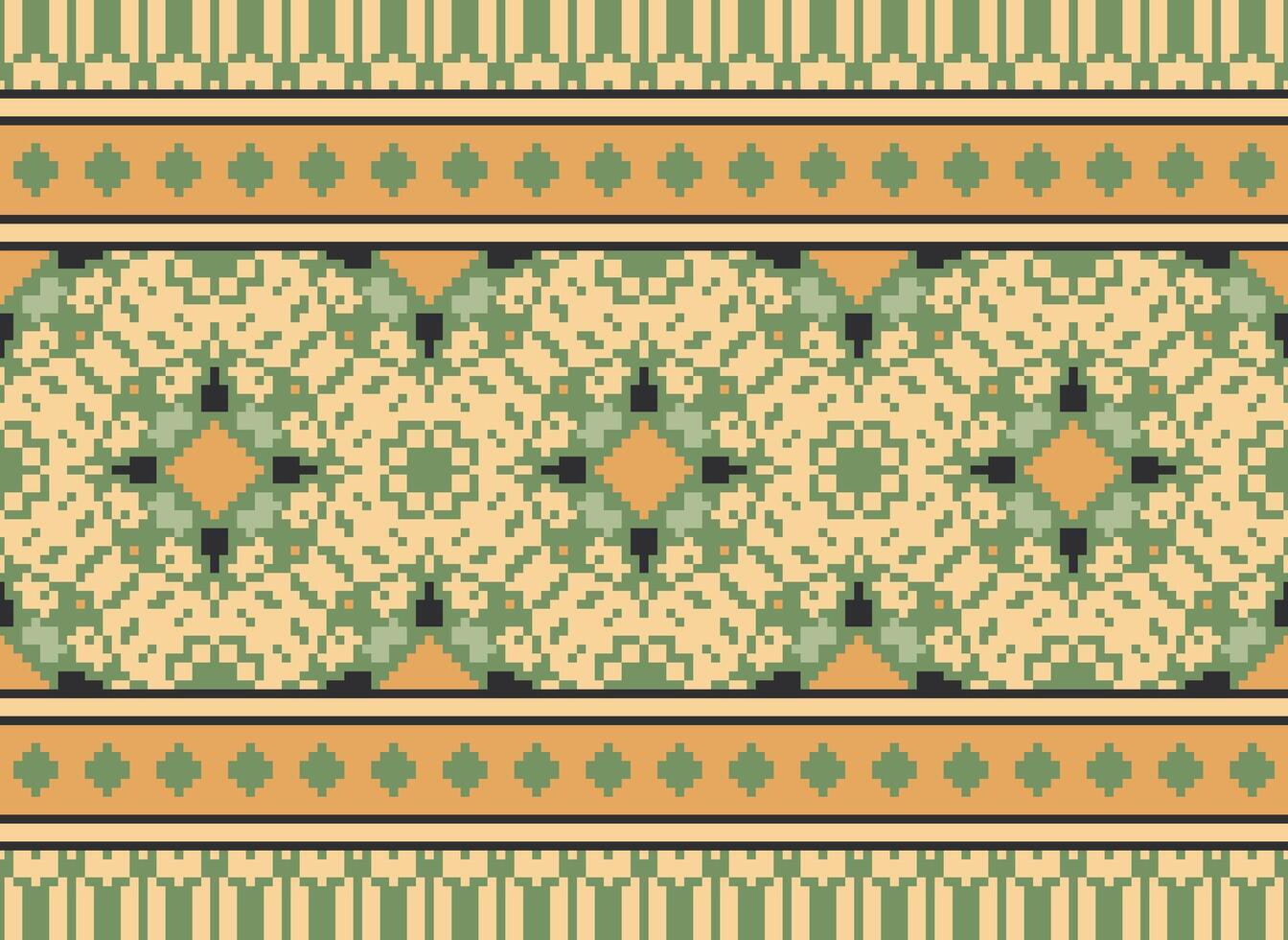 Pixel ikat and cross stitch geometric seamless pattern ethnic oriental traditional. Aztec style illustration design for carpet, wallpaper, clothing, wrapping, batik. vector